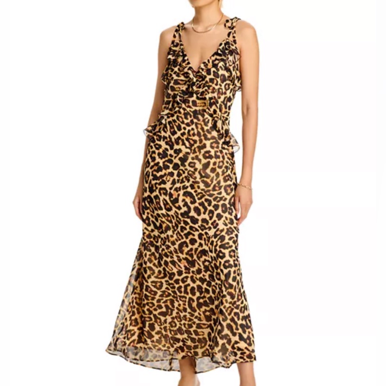 Steve Madden Leopard Print Dress Ruffle V Neck Sleeveless Tie Shoulders Size M